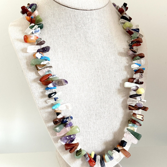 Estate Jewelry - Vintage 925 Sterling Silver Multi Gemstone Nugget Chunky Statement Necklace 36"